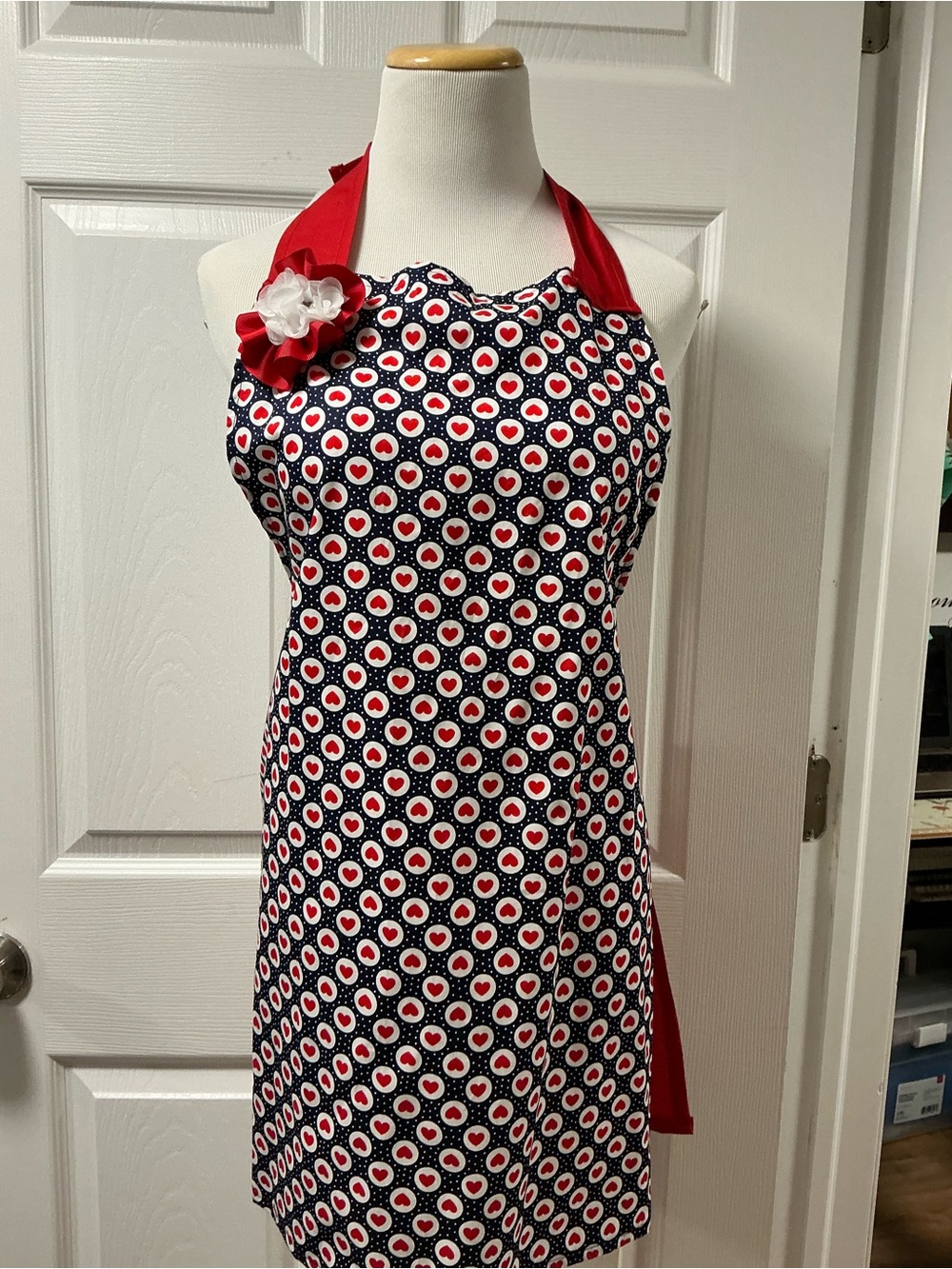 2003 - Navy Red Heart Halter Apron with Floral Accent